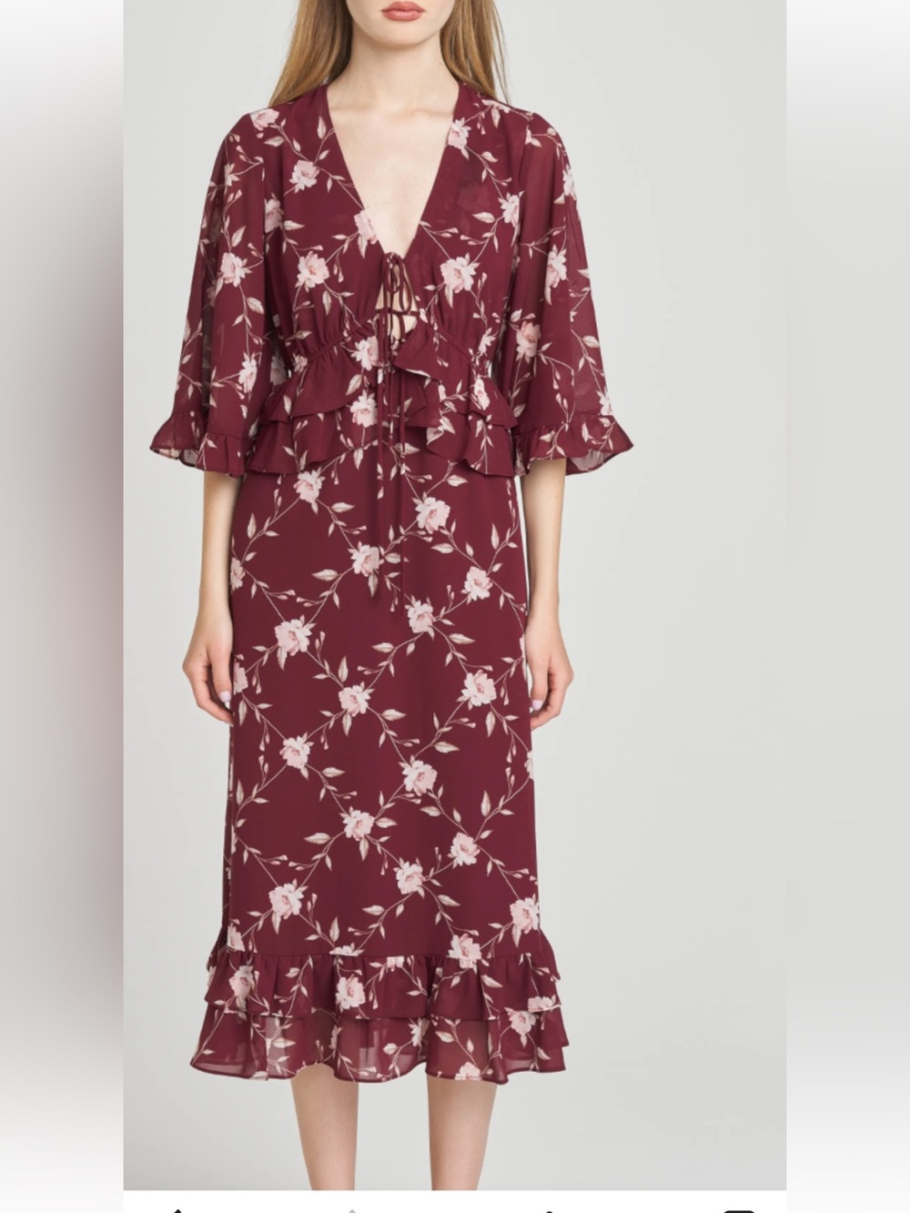 Wayf Wine Floral Tie-Detail Maxi Dress